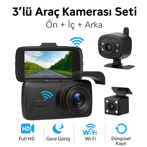 3’lü Araç Kamerası Seti | Ön İç Arka Kayıt | Full HD Dashcam - AnkaBlink